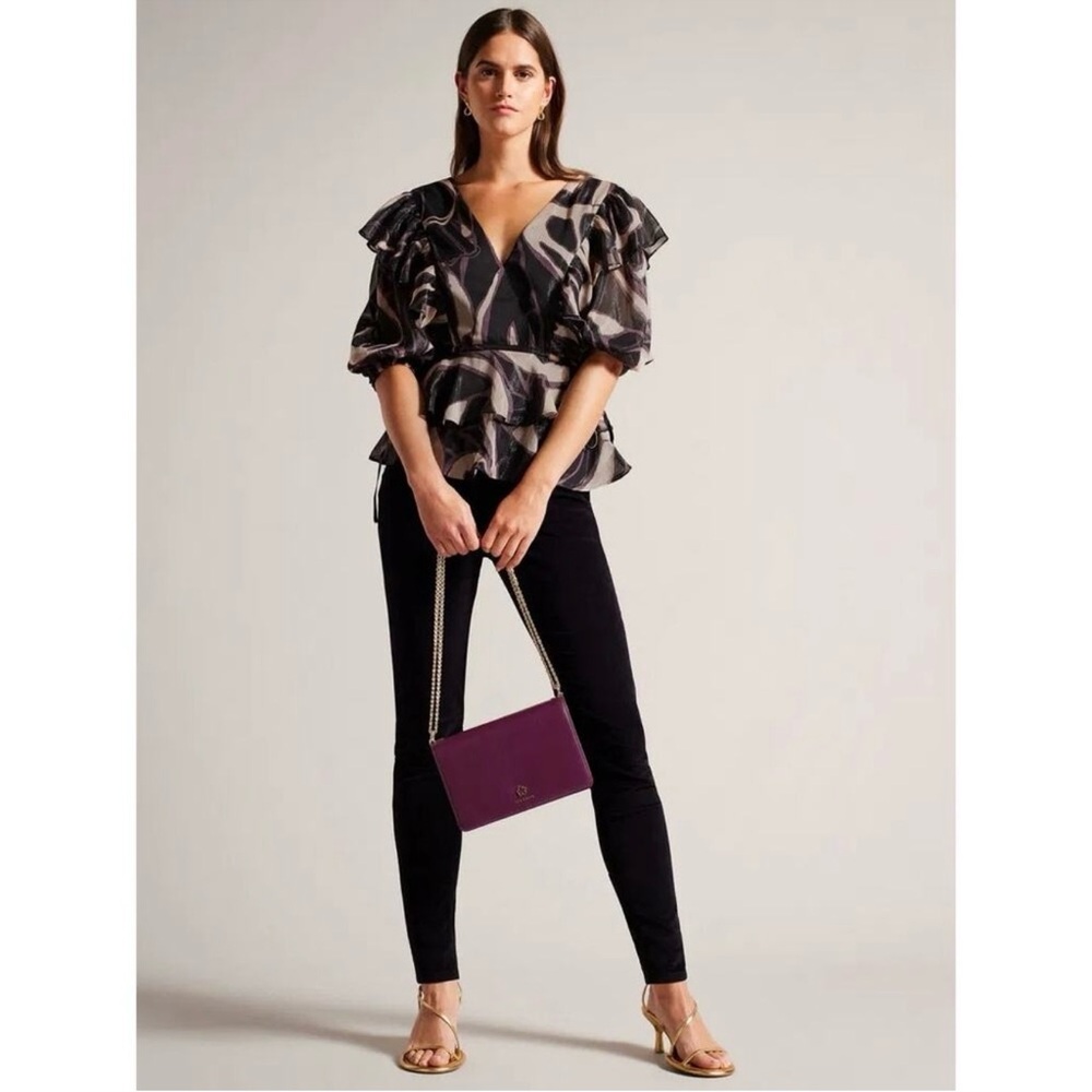 Ted Baker Jasmyna Ruffle Women’s Tie Waist Black Multi Top Sz 4 NWT